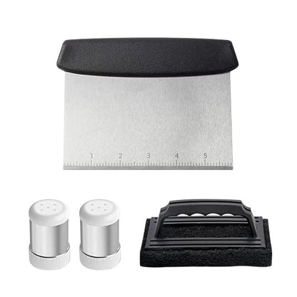 Barbecue tool accessories set with stainless shakers, scraper, and measuring guide
