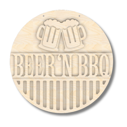 Unfinished round wood door sign kit with beer mug cutout and “BEER N BBQ” lettering