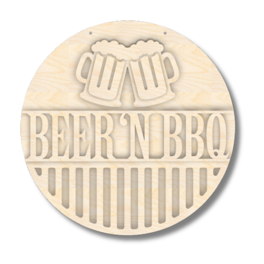 Unfinished round wood door sign kit with beer mug cutout and “BEER N BBQ” lettering