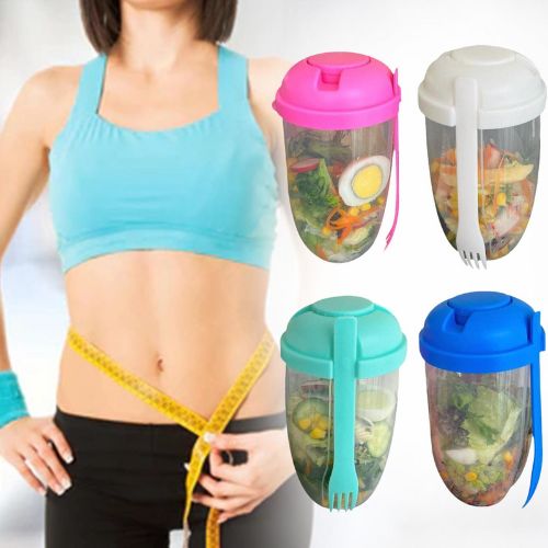 Assorted salad shaker cups with dressing containers and built-in forks, pink, white, teal, blue.