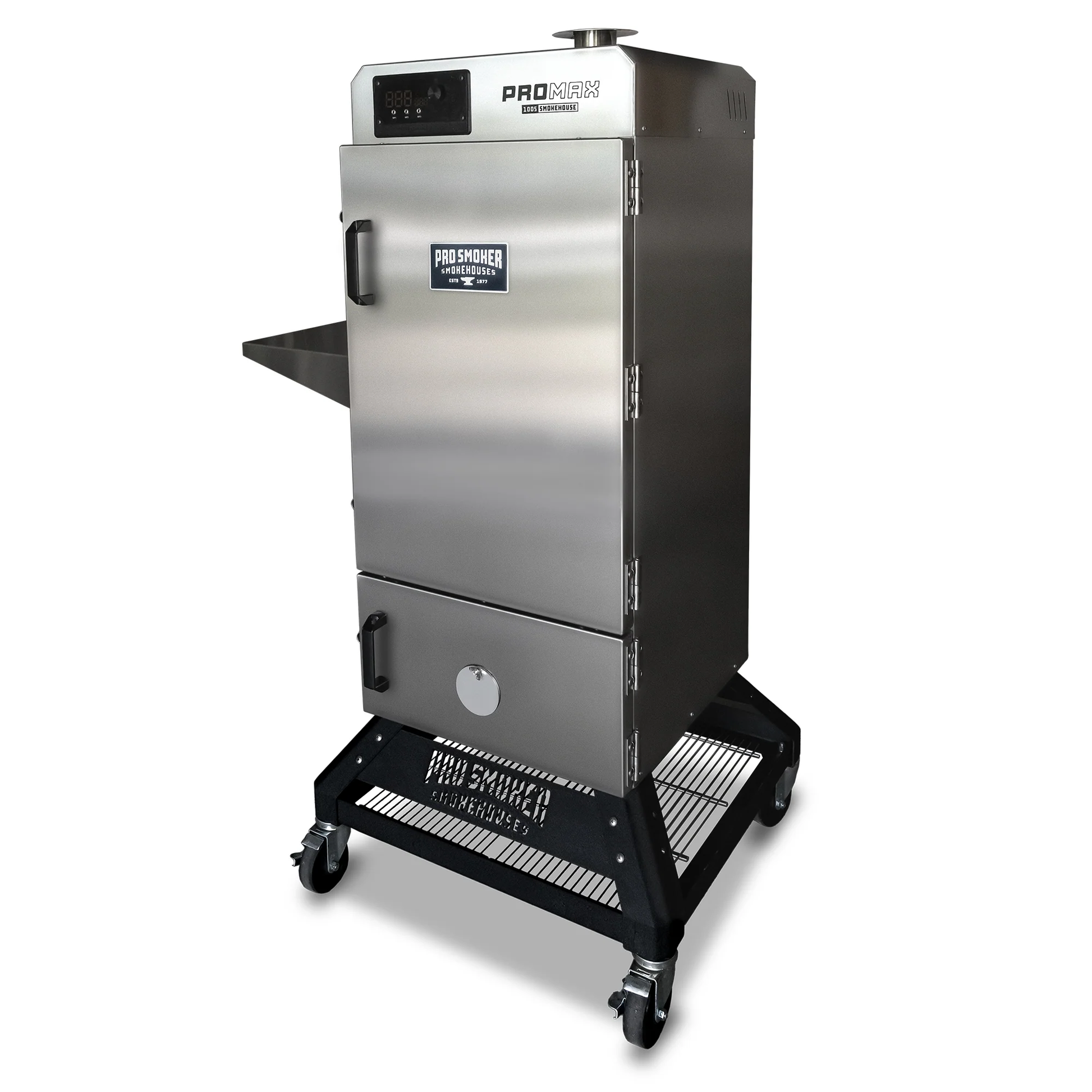 Pro Max 100 S electric smoker, side view with wheels and side firebox handle