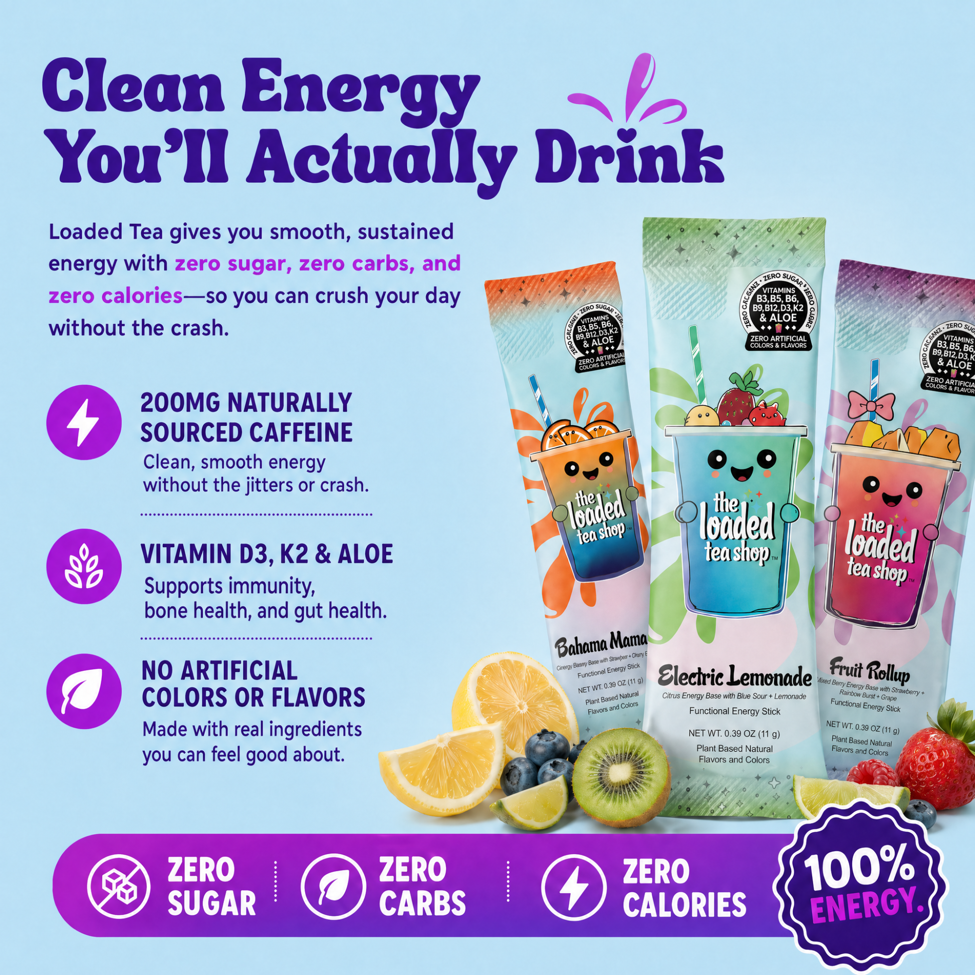 Box set of three the loaded tea shop energy stick packs in purple, orange, and green
