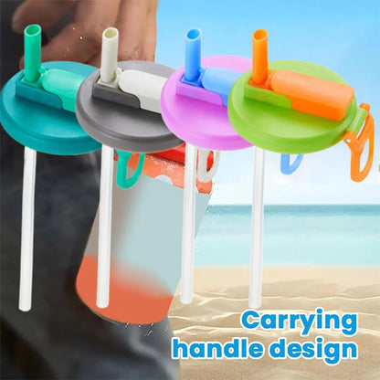Reusable can lids with silicone straws on bottles, colorful lids and upright tube straws