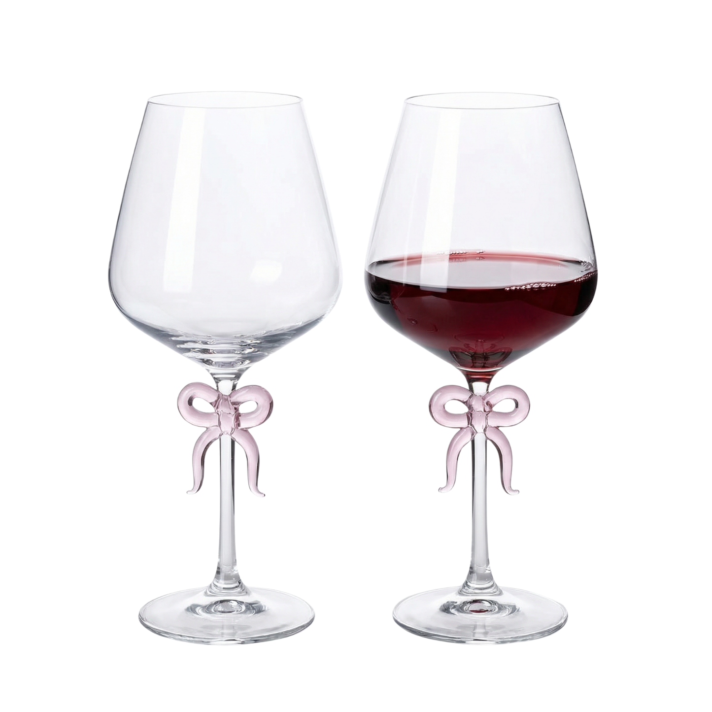 Large Clear Wine Glass with Pink Bow on Stem, Set of 2