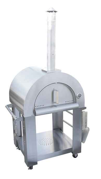 Wood-fired pizza oven with stainless dome, front opening, and tall flue