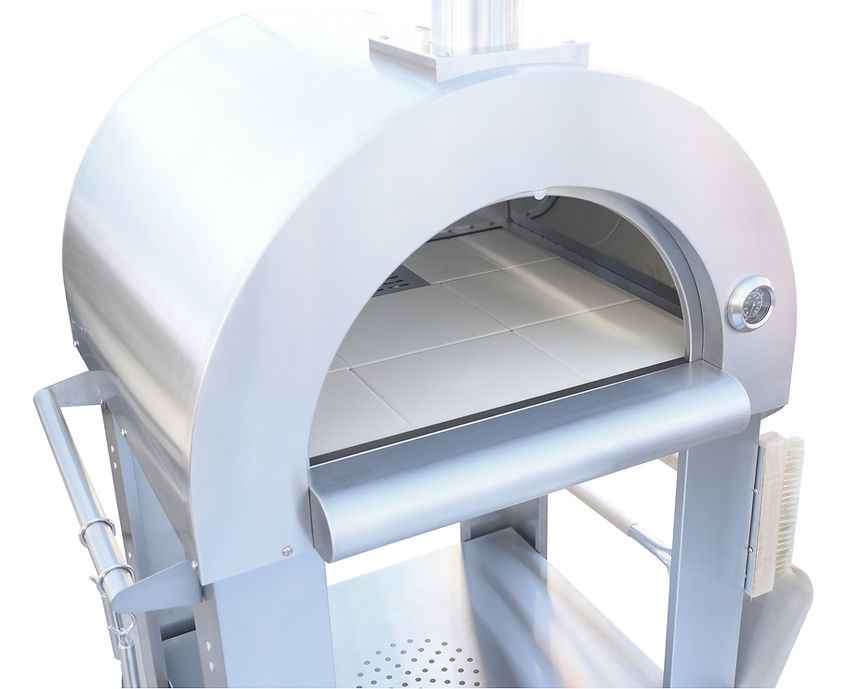 Stainless pizza oven interior with arched front opening and heat chamber floor