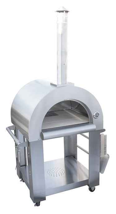Freestanding stainless pizza oven with arched front opening and side control panel