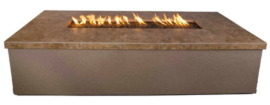 Rectangular outdoor fire pit with glowing flames and fire-glass, dark brown finish.