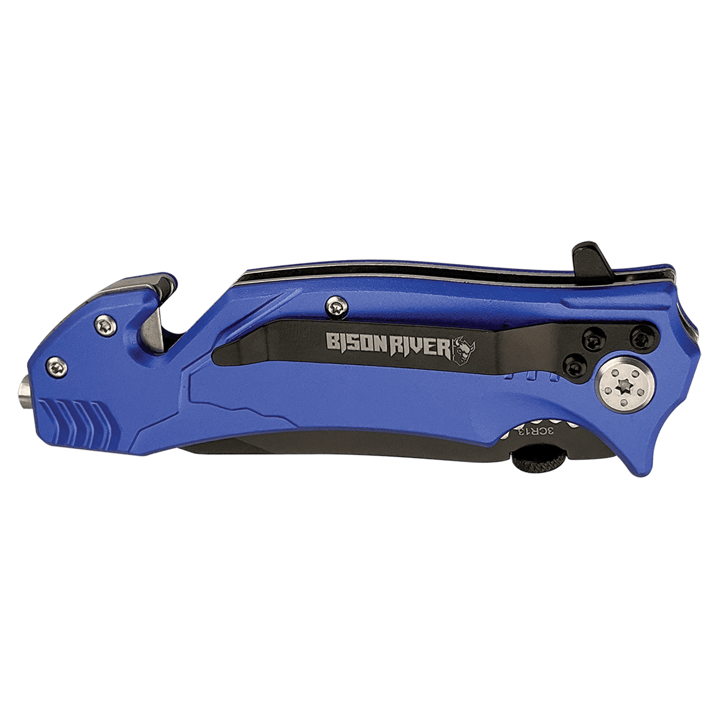 3.5-inch rescue knife, blue handle with black blade and pocket clip