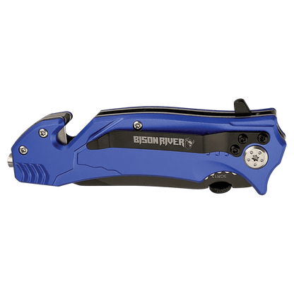 3.5-inch rescue knife, blue handle with black blade and pocket clip