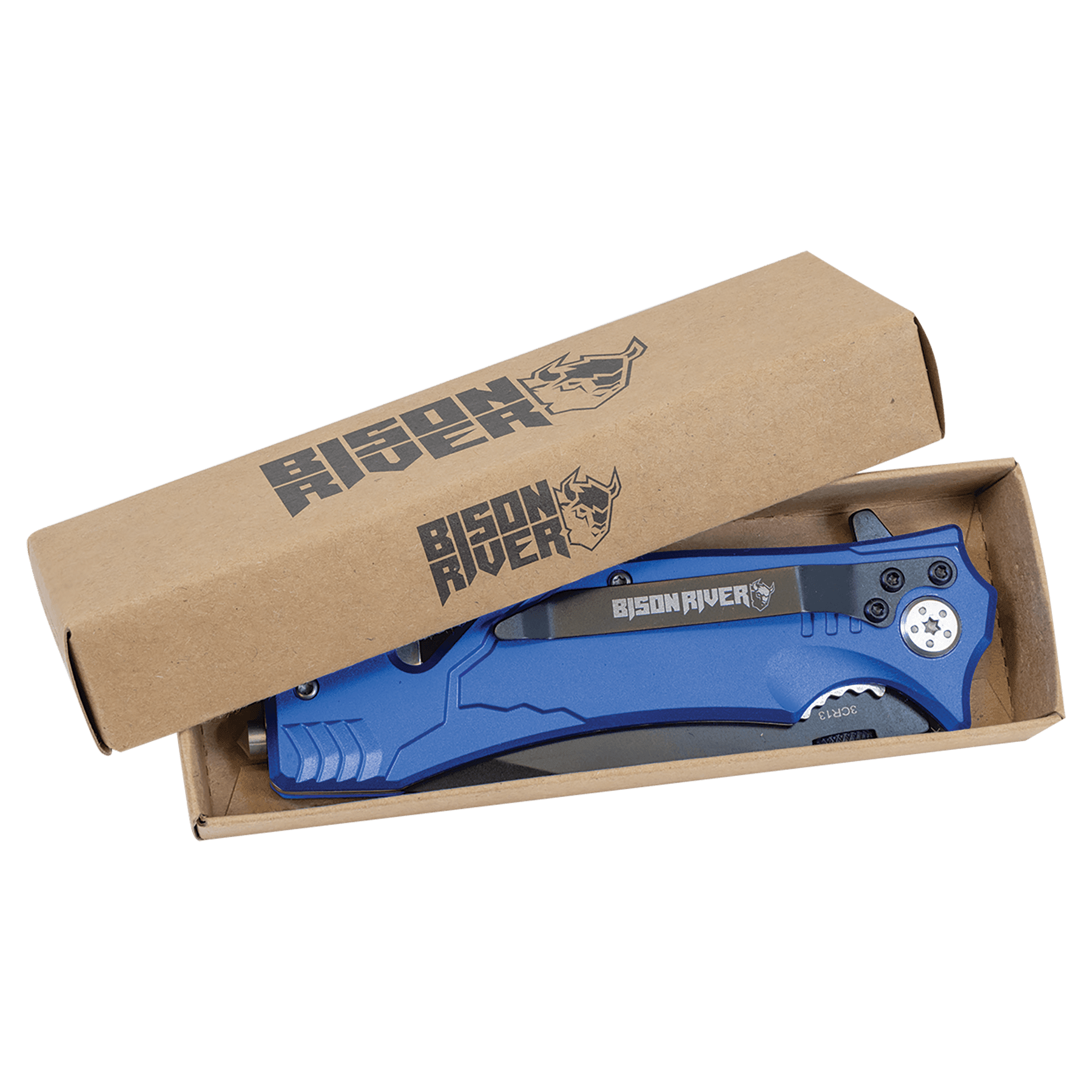 Rescue knife with blue handle, opened in a cardboard box sleeve