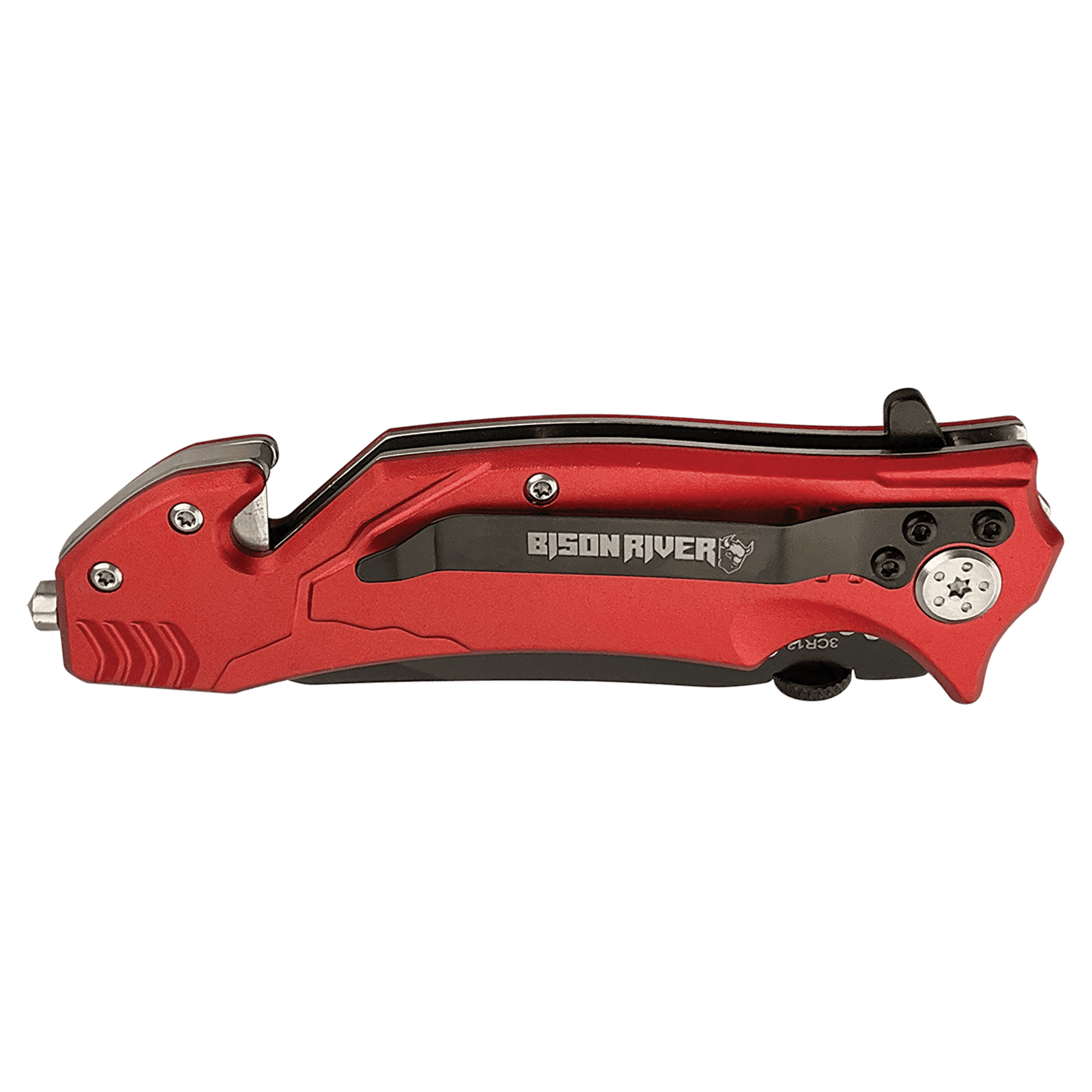 Rescue knife with red handle and black blade, close side view