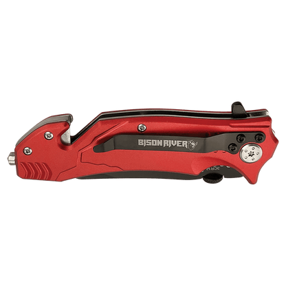 Rescue knife with red handle and black blade, close side view