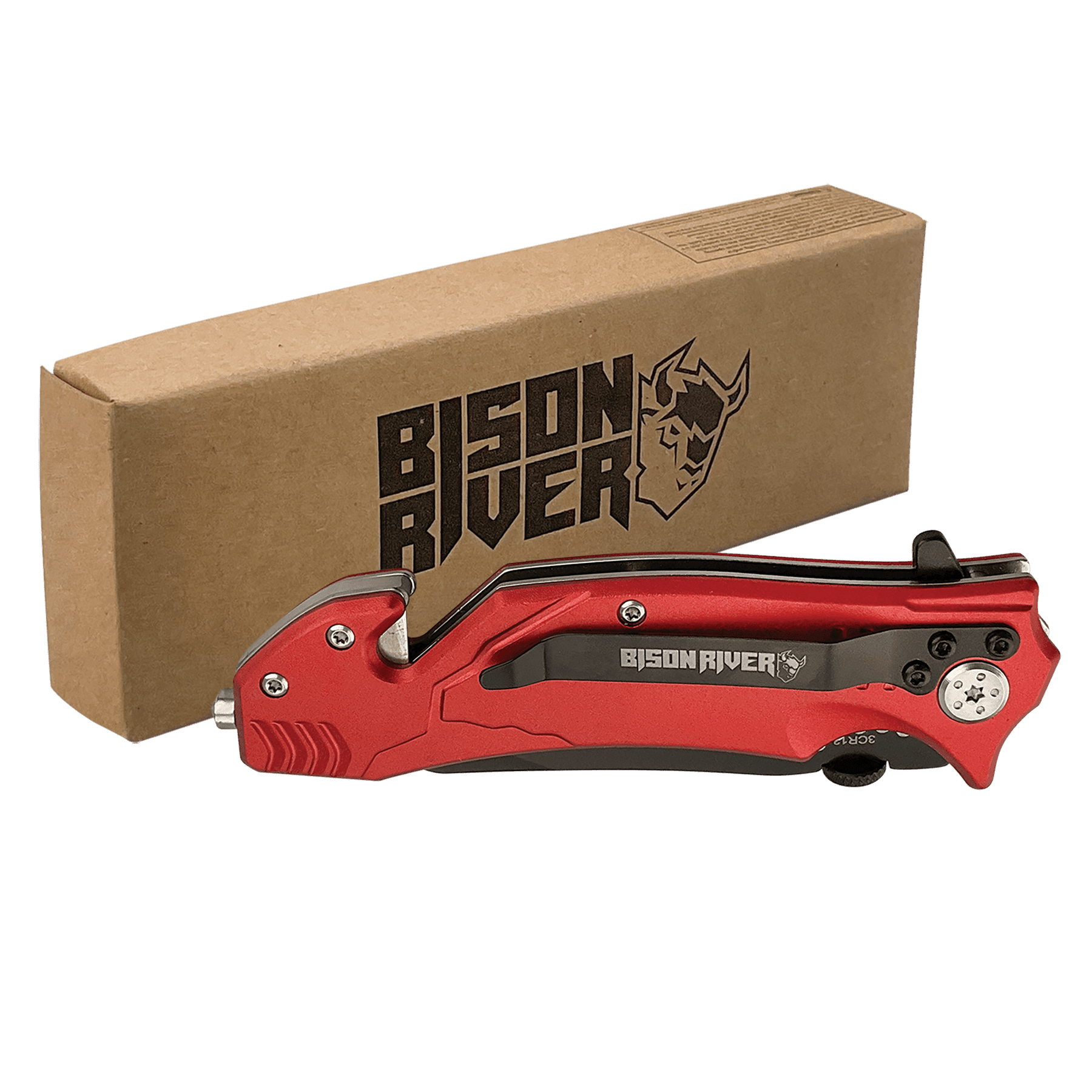 Rescue knife with red handle, shown with cardboard box packaging