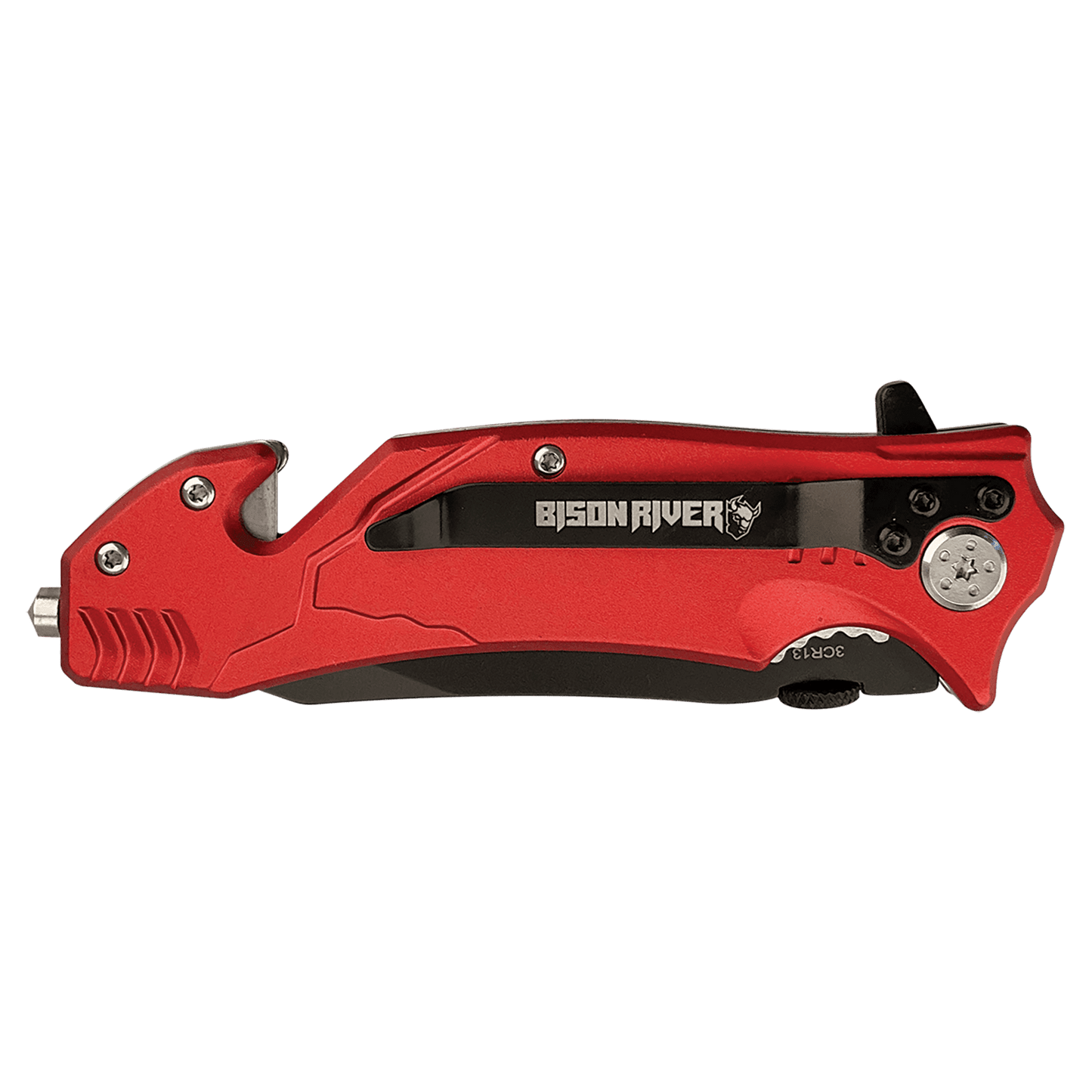 Rescue knife with red handle and black blade, angled side profile