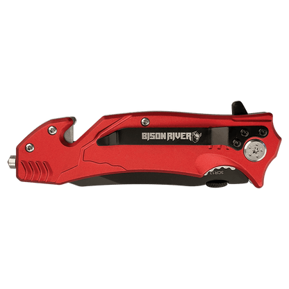 Rescue knife with red handle and black blade, angled side profile