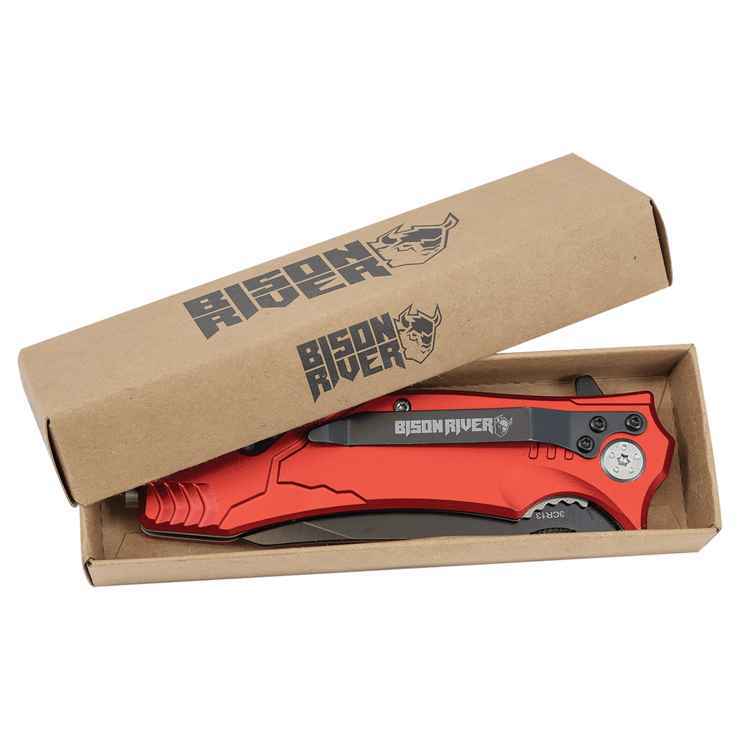 Rescue knife with red handle, partially in cardboard packaging sleeve