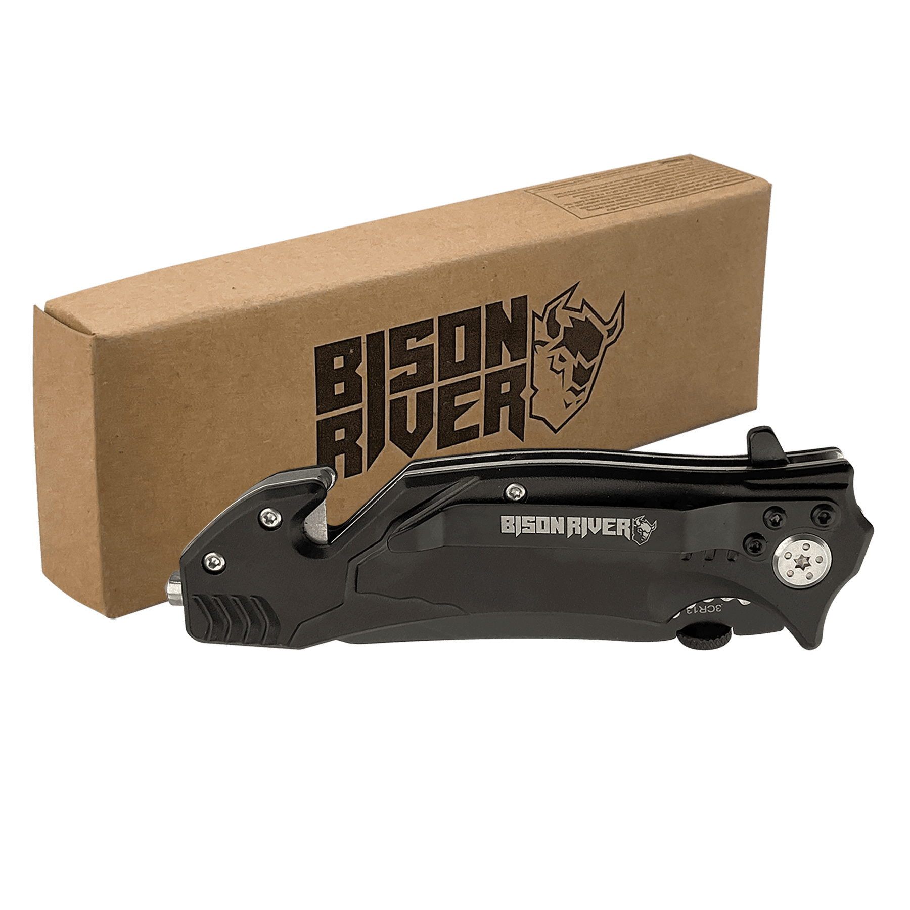 Rescue knife with black handle, shown with cardboard box packaging