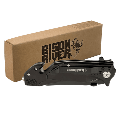 Rescue knife with black handle, shown with cardboard box packaging