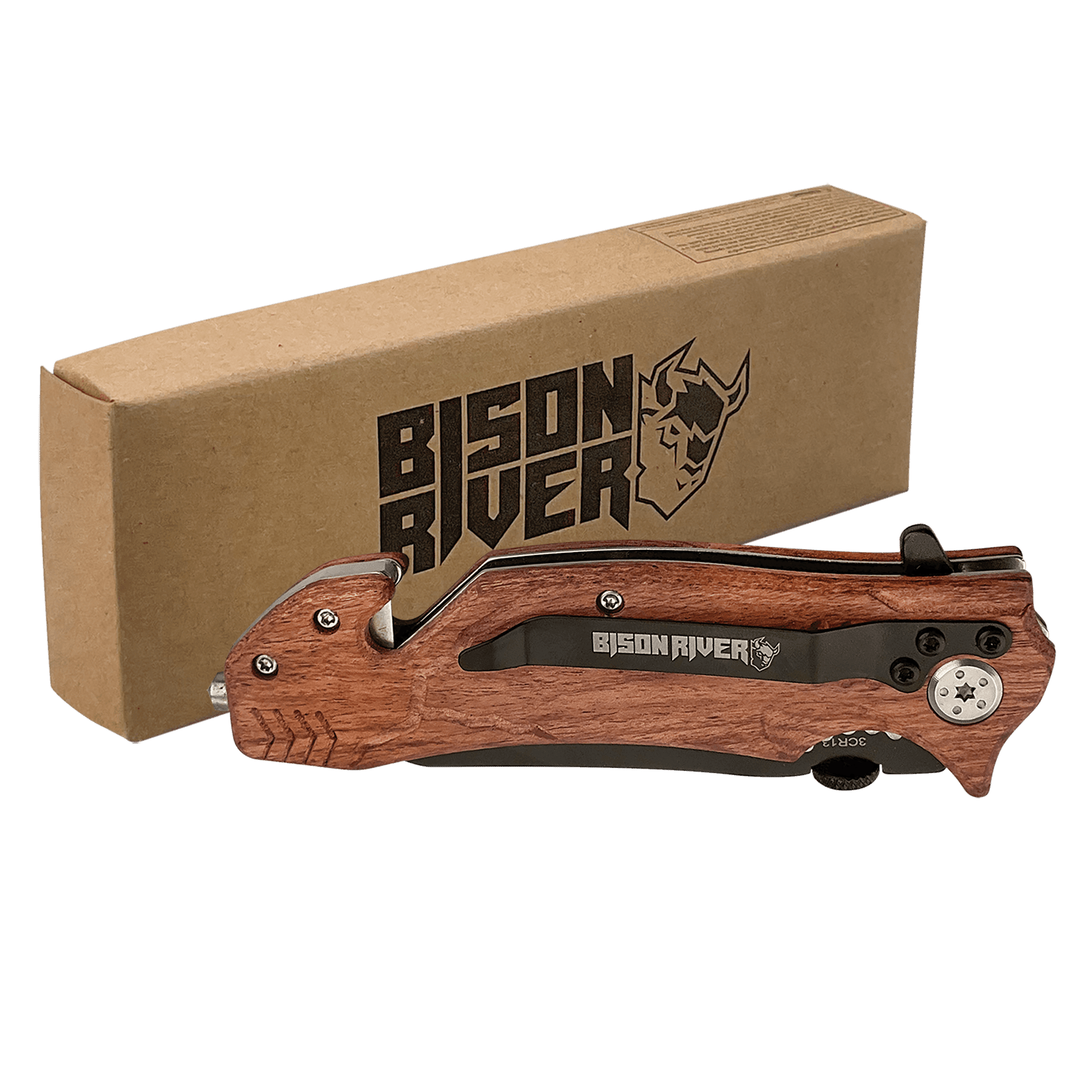 Rescue knife with wood-tone handle, shown with cardboard box packaging