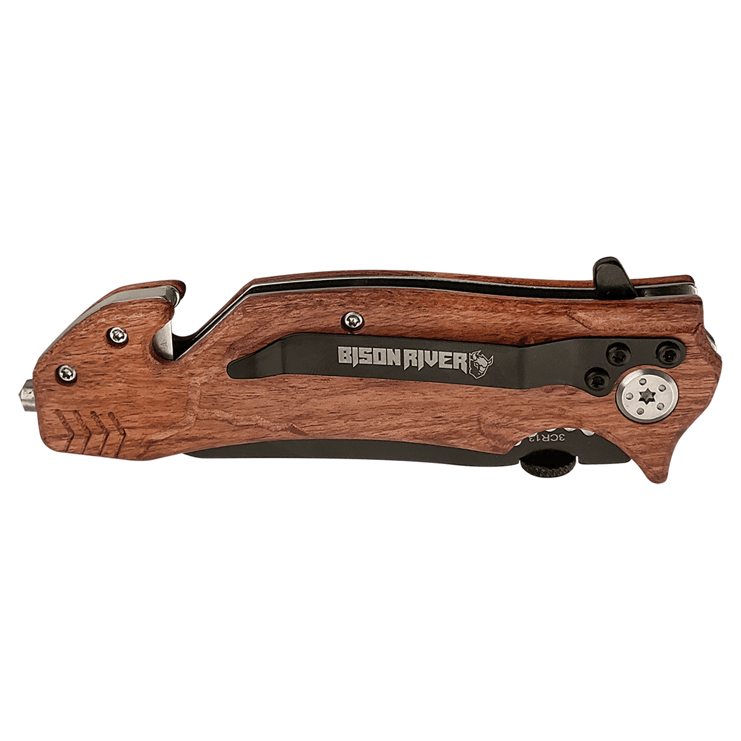Rescue knife with wood-tone handle and black blade, angled side view