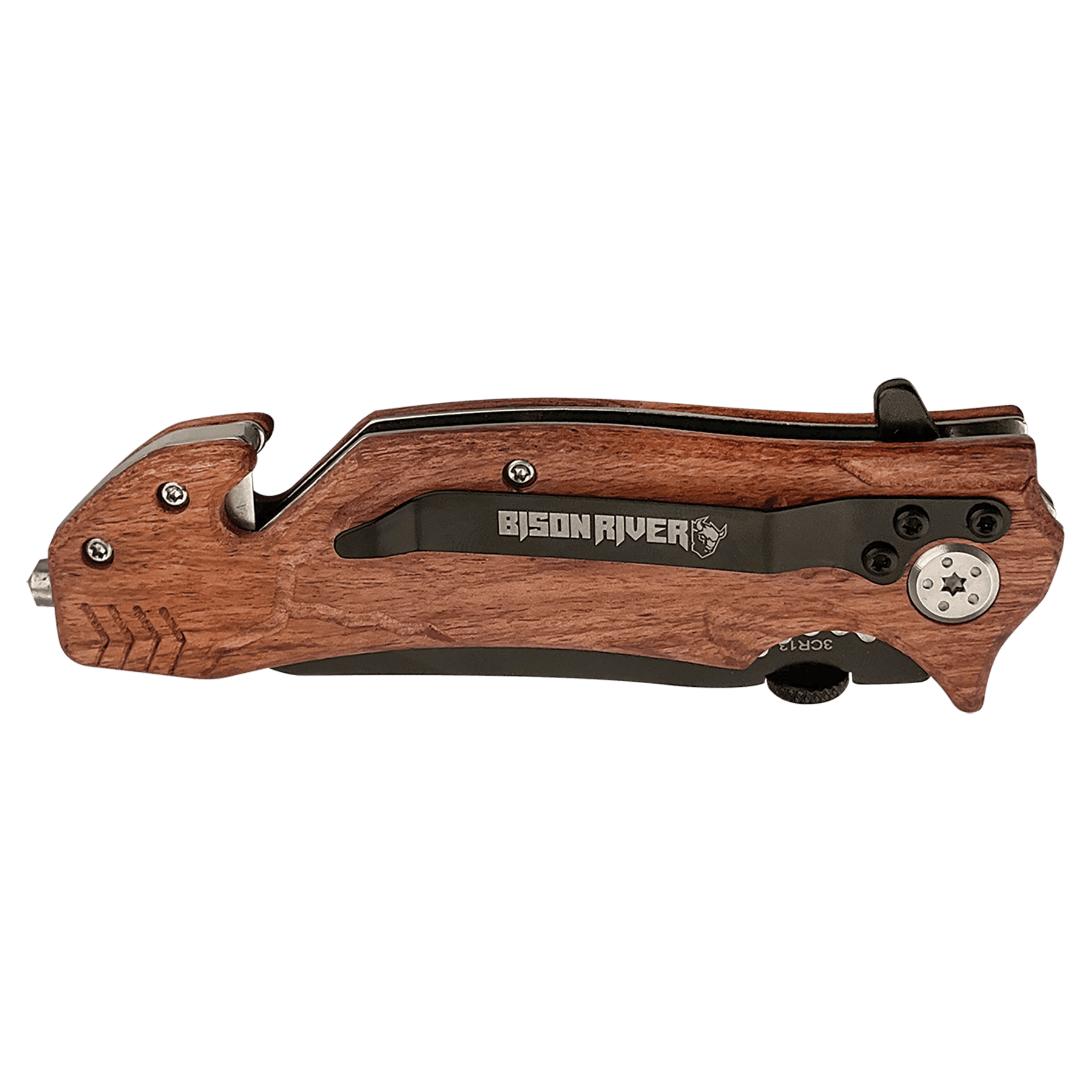 Rescue knife with wood-tone handle and black blade, angled side view