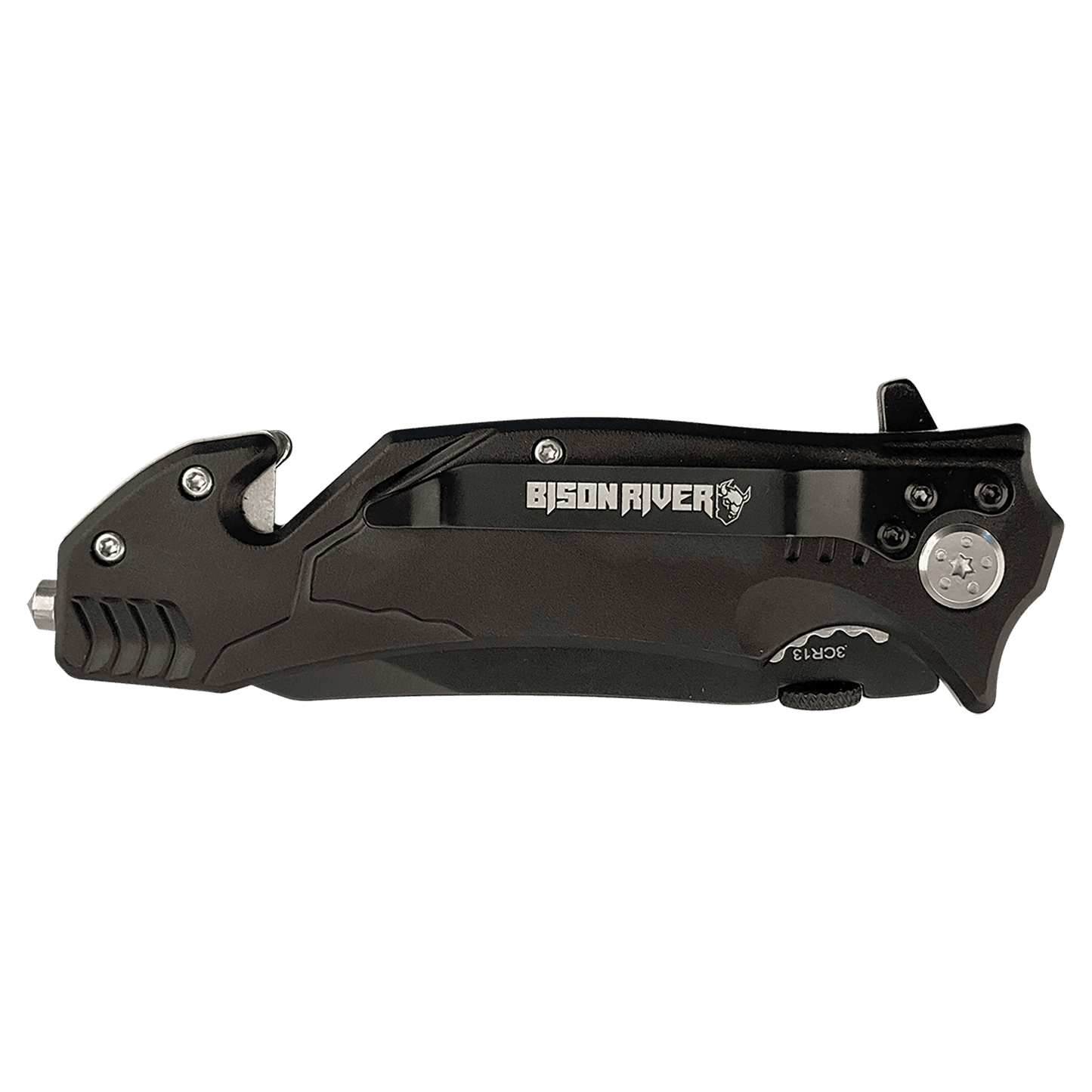 3.5-inch rescue knife, black handle with folding blade and pocket clip