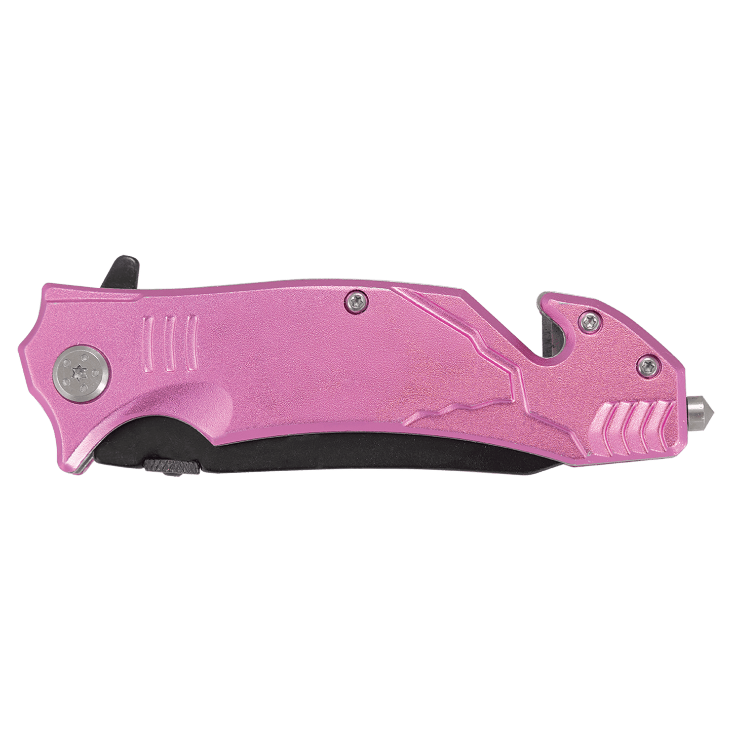 Pink rescue knife with thumb grooves and star bit near pivot