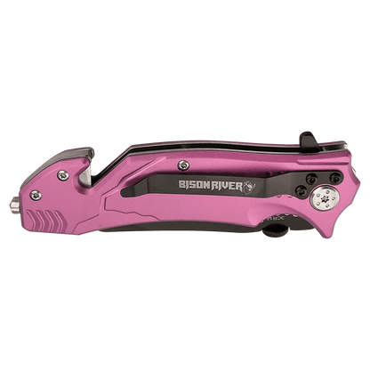 Pink rescue knife with black blade accents and star bit near pivot
