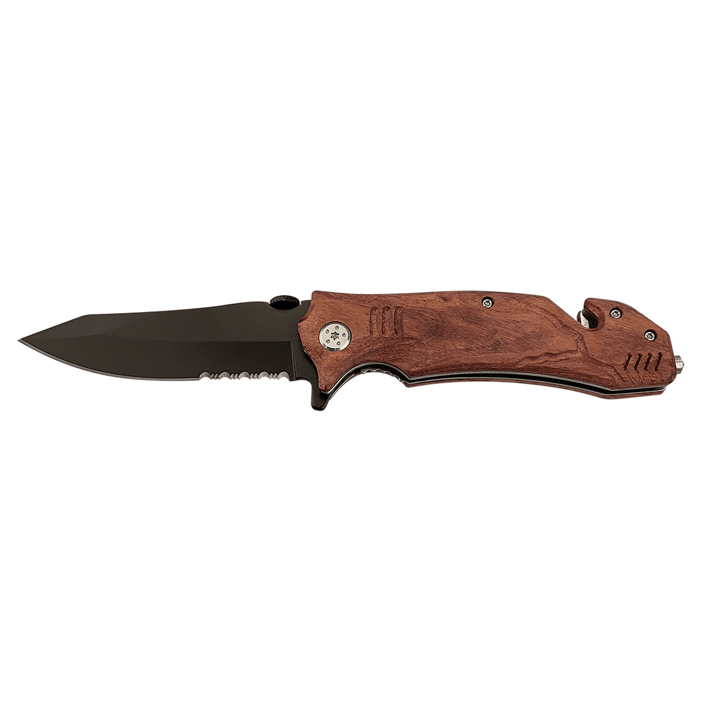 Rescue knife with wood-tone handle and black blade, side view