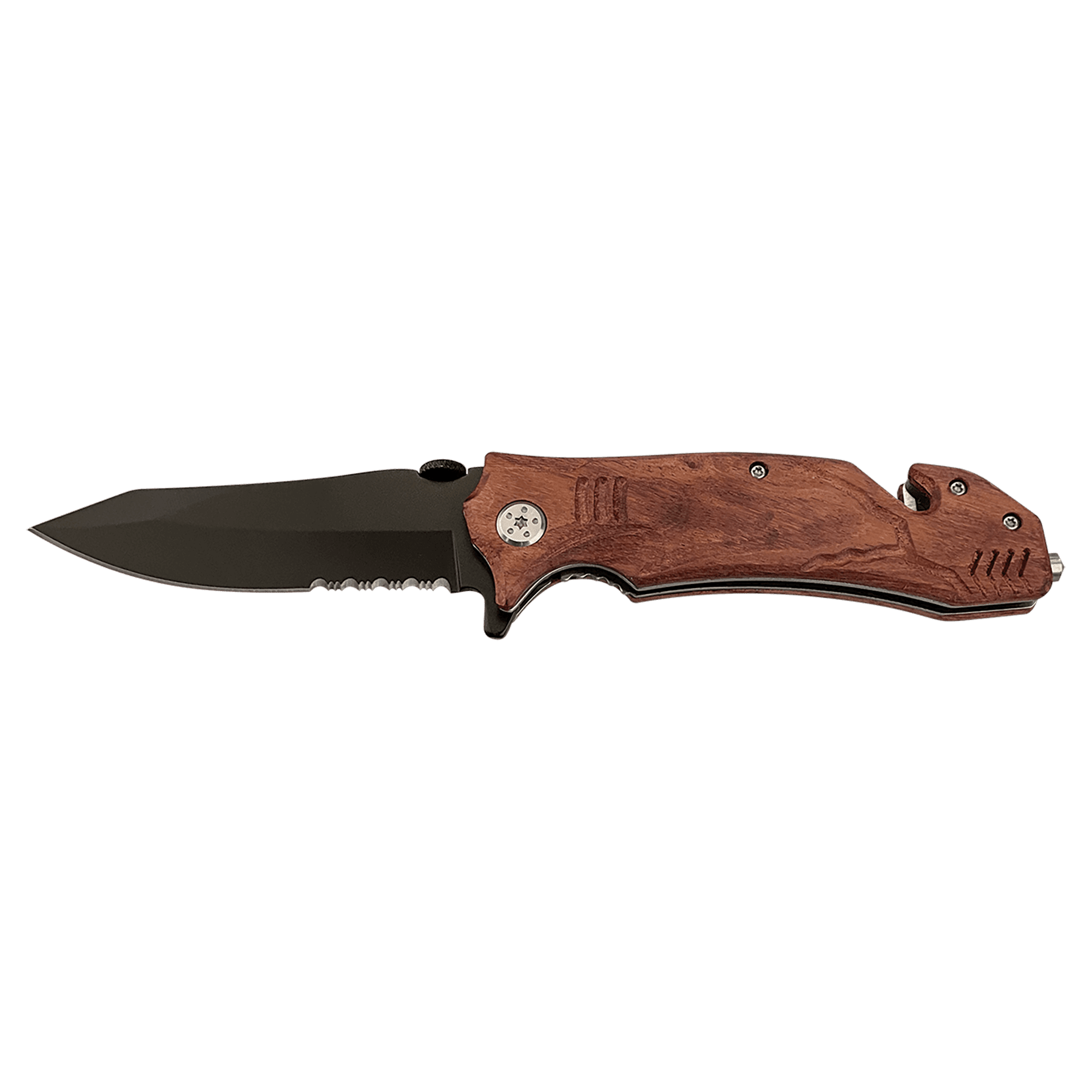 Rescue knife with wood-tone handle and black blade, side view