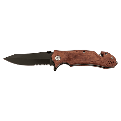 Rescue knife with wood-tone handle and black blade, side view