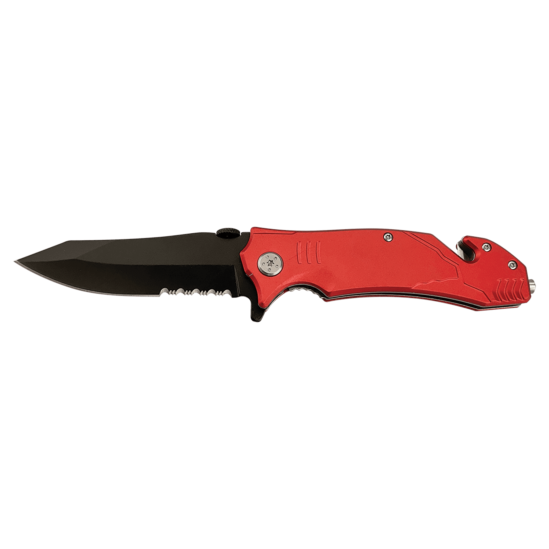 Rescue knife with red handle and black blade, side view
