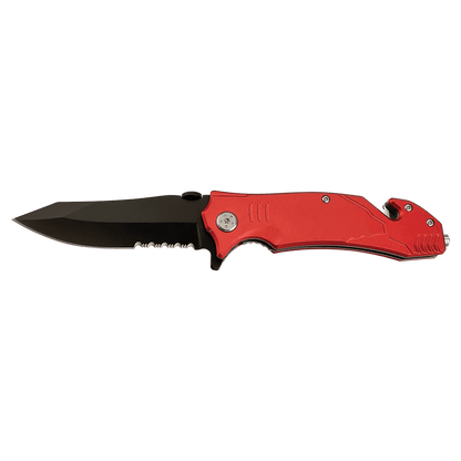 Rescue knife with red handle and black blade, side view