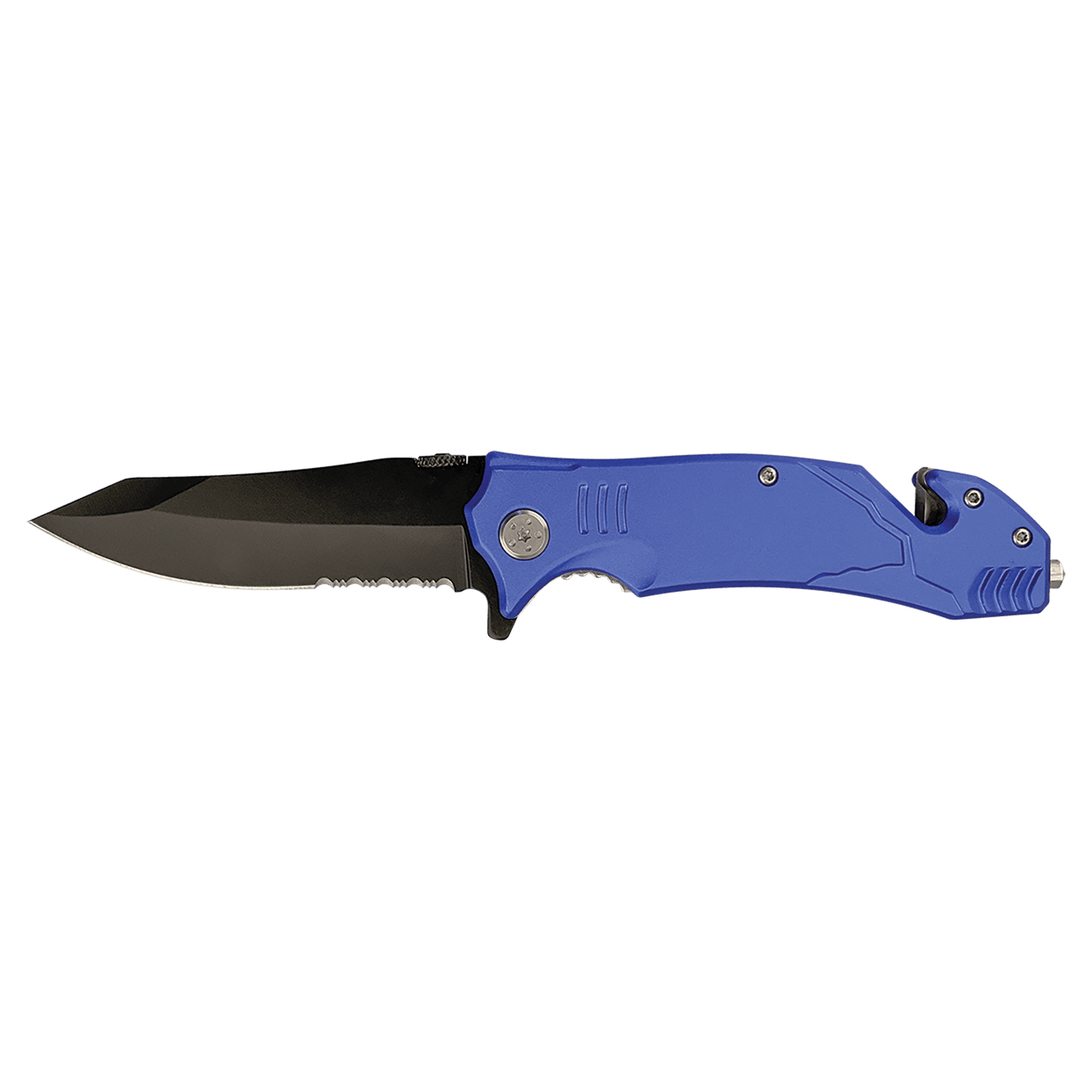 3.5-inch rescue knife, blue handle with black blade and pocket clip