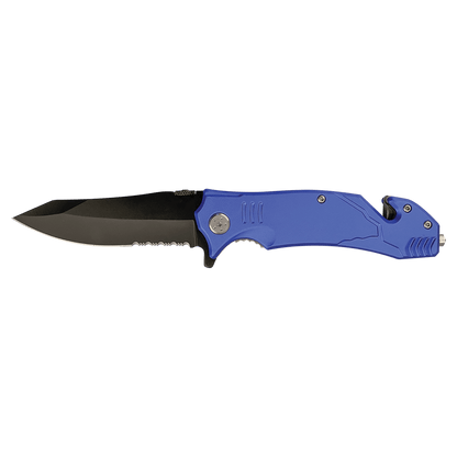 3.5-inch rescue knife, blue handle with black blade and pocket clip