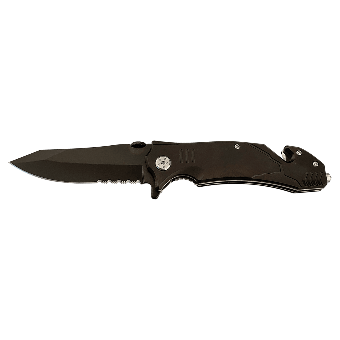 3.5-inch rescue knife, dark handle with black blade and pocket clip