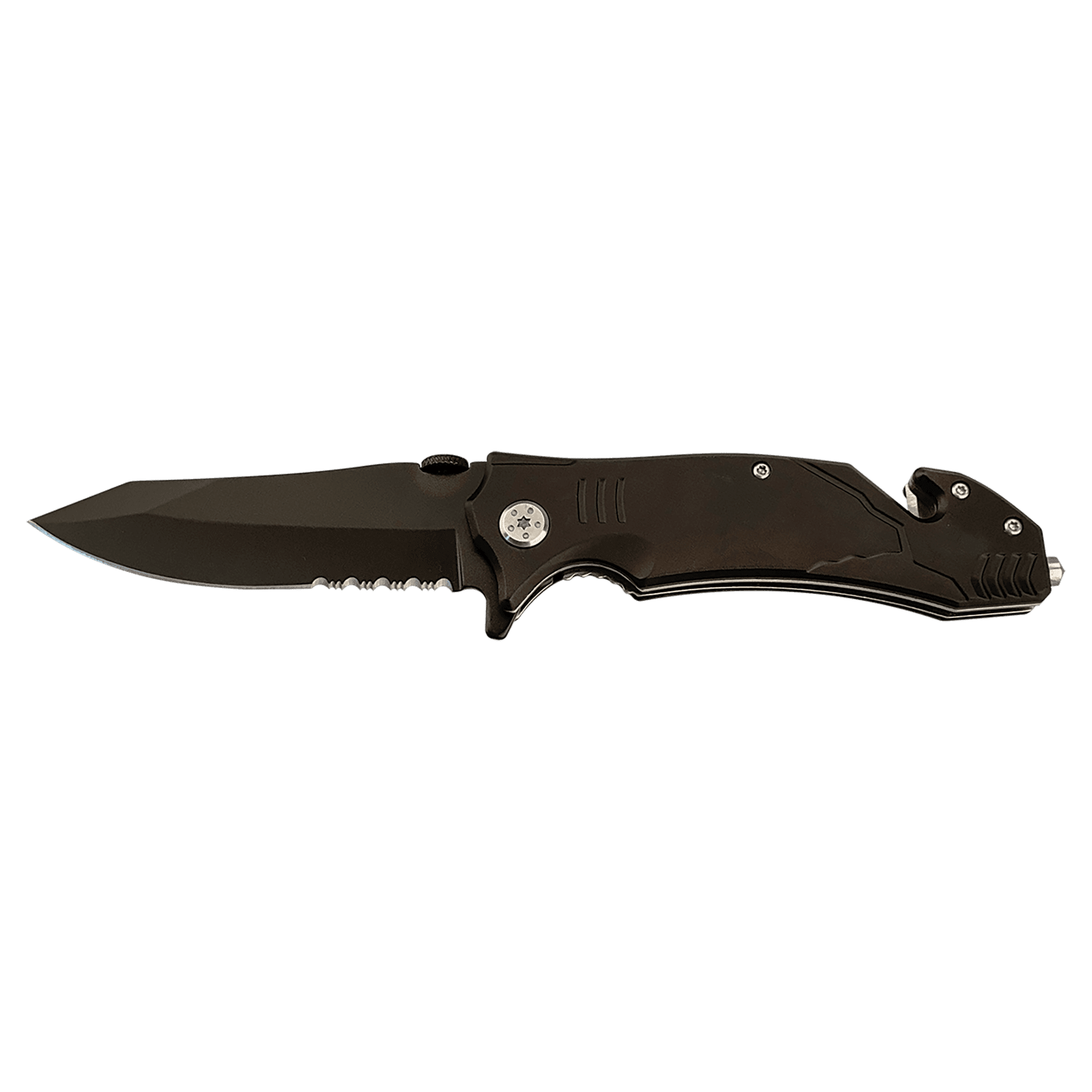 3.5-inch rescue knife, dark handle with black blade and pocket clip