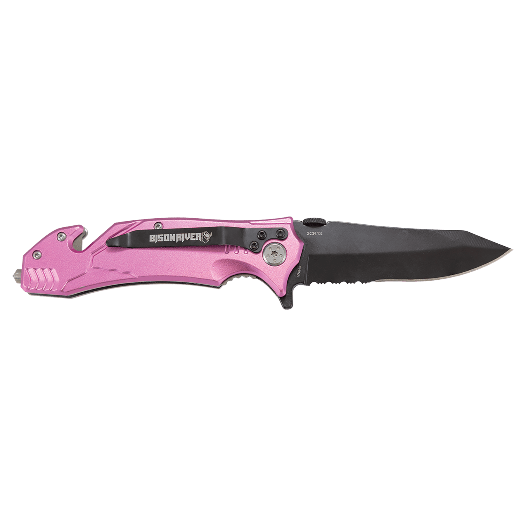3.5-inch rescue knife, pink handle with black blade and pocket clip