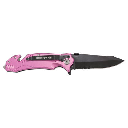 3.5-inch rescue knife, pink handle with black blade and pocket clip