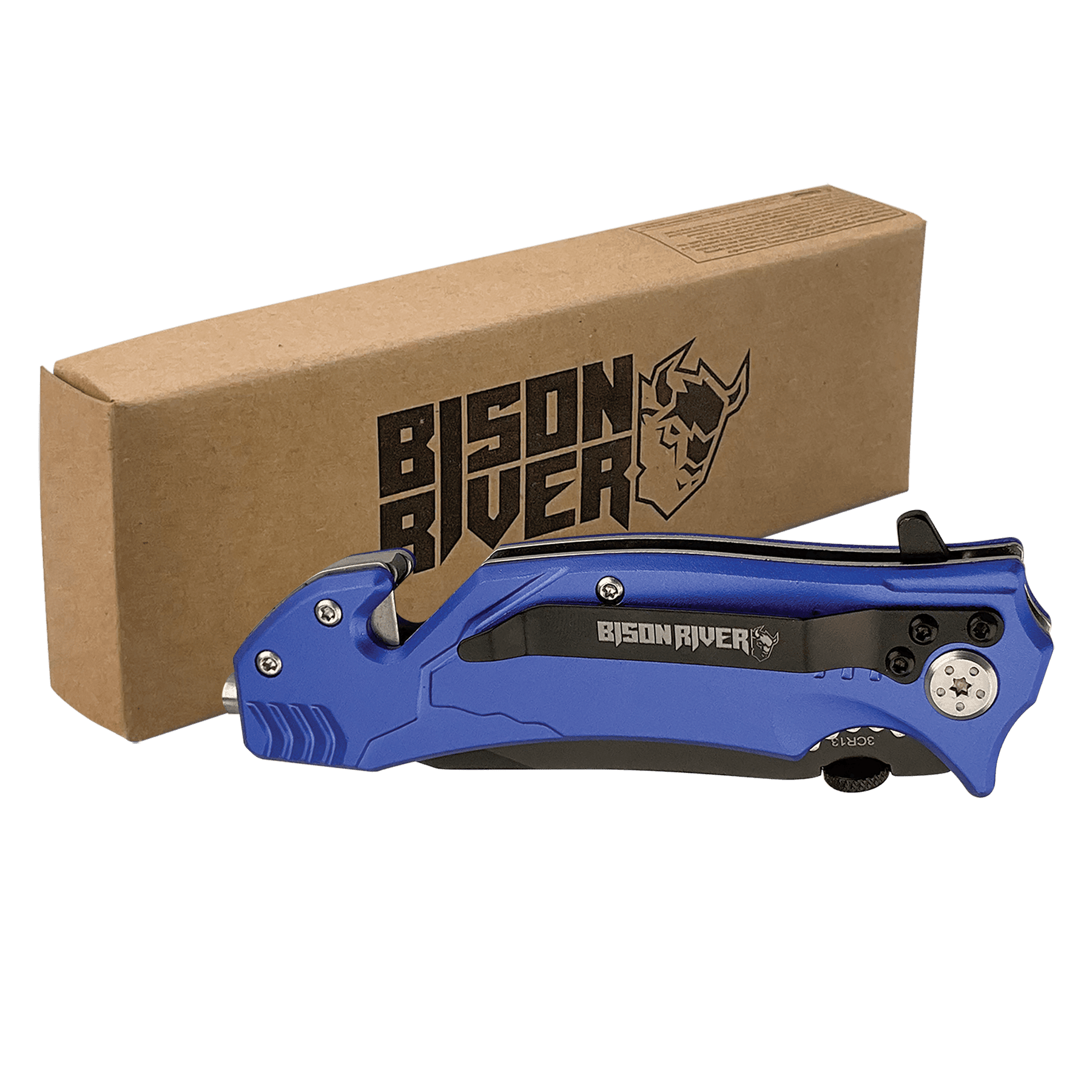 3.5-inch rescue knife, blue handle with black blade and pocket clip