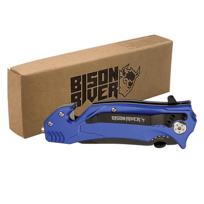 3.5-inch rescue knife, blue handle with black blade and pocket clip