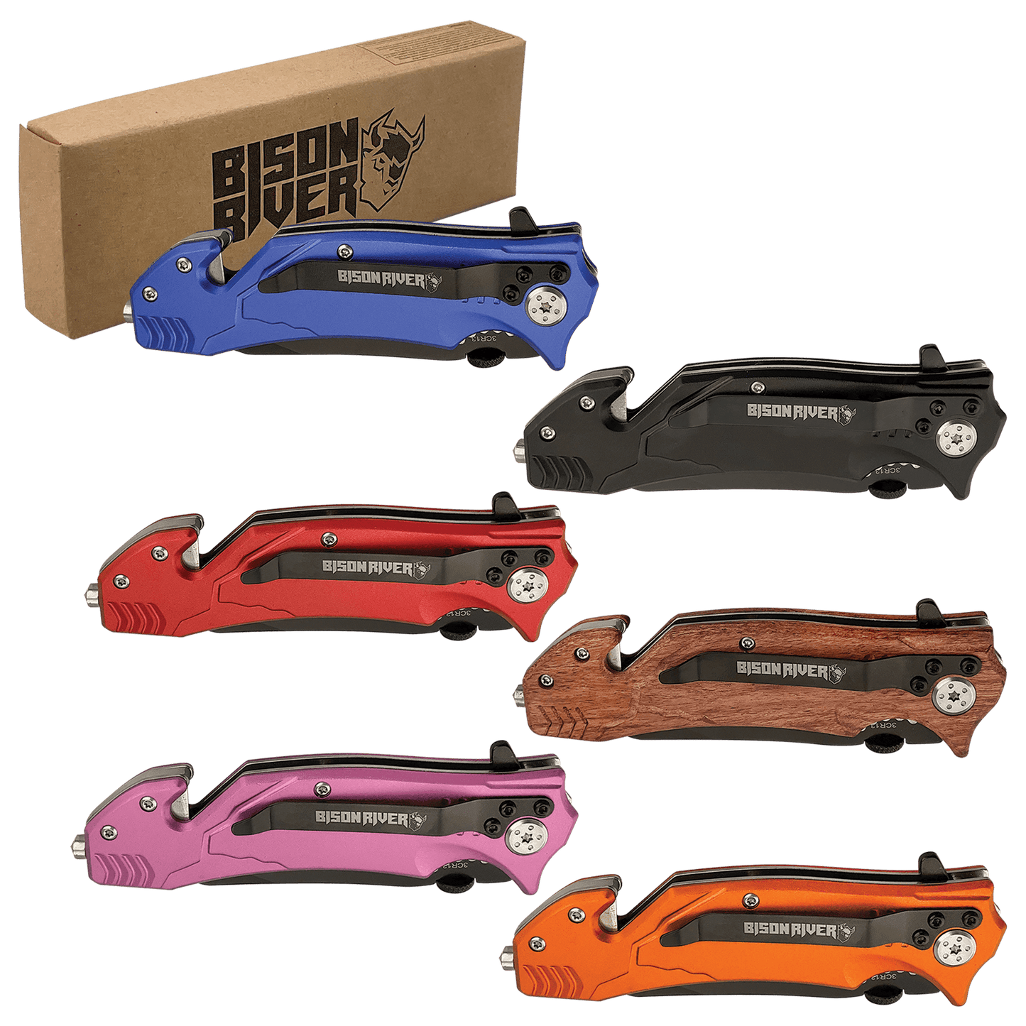 3.5-inch rescue knife set with assorted colors: blue, red, wood, pink, orange, black