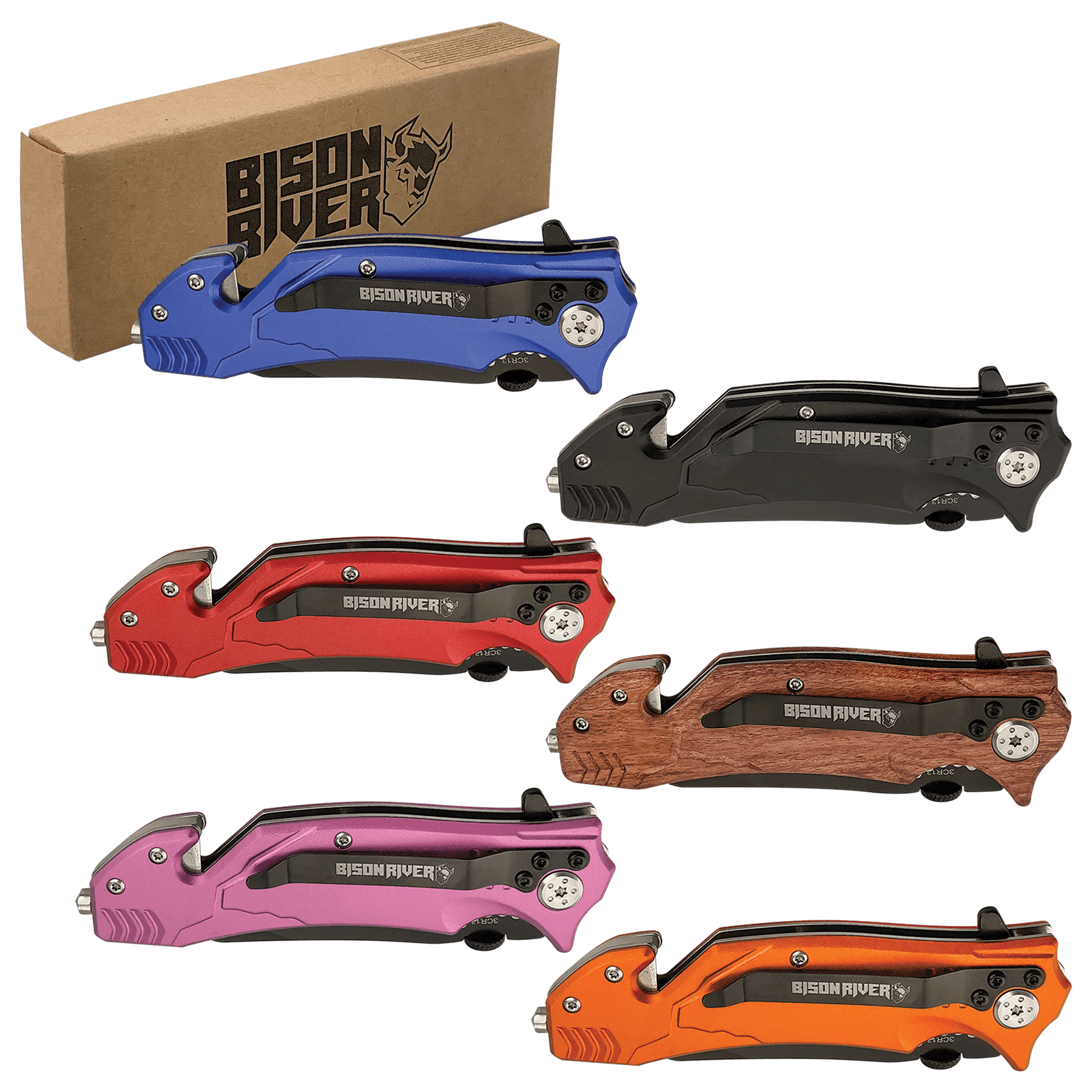 3.5-inch rescue knife set with assorted colors: blue, red, wood, pink, orange, black