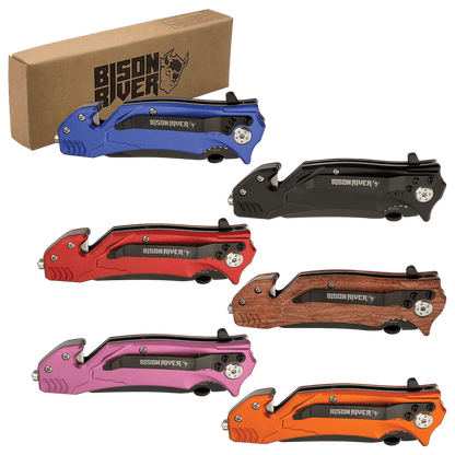 3.5-inch rescue knife set with assorted colors: blue, red, wood, pink, orange, black