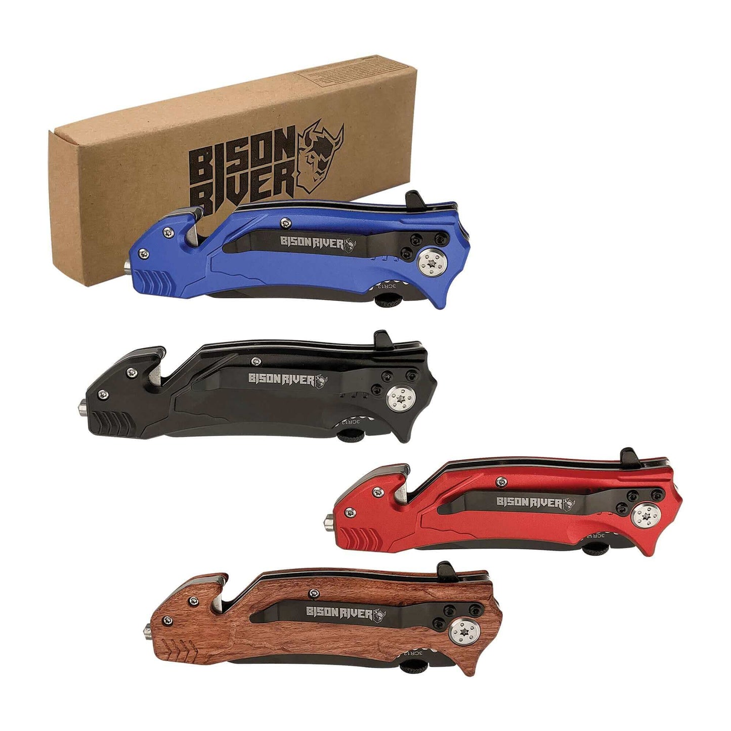 Assorted rescue knives with carrying box; blue, black, red, and wood handles