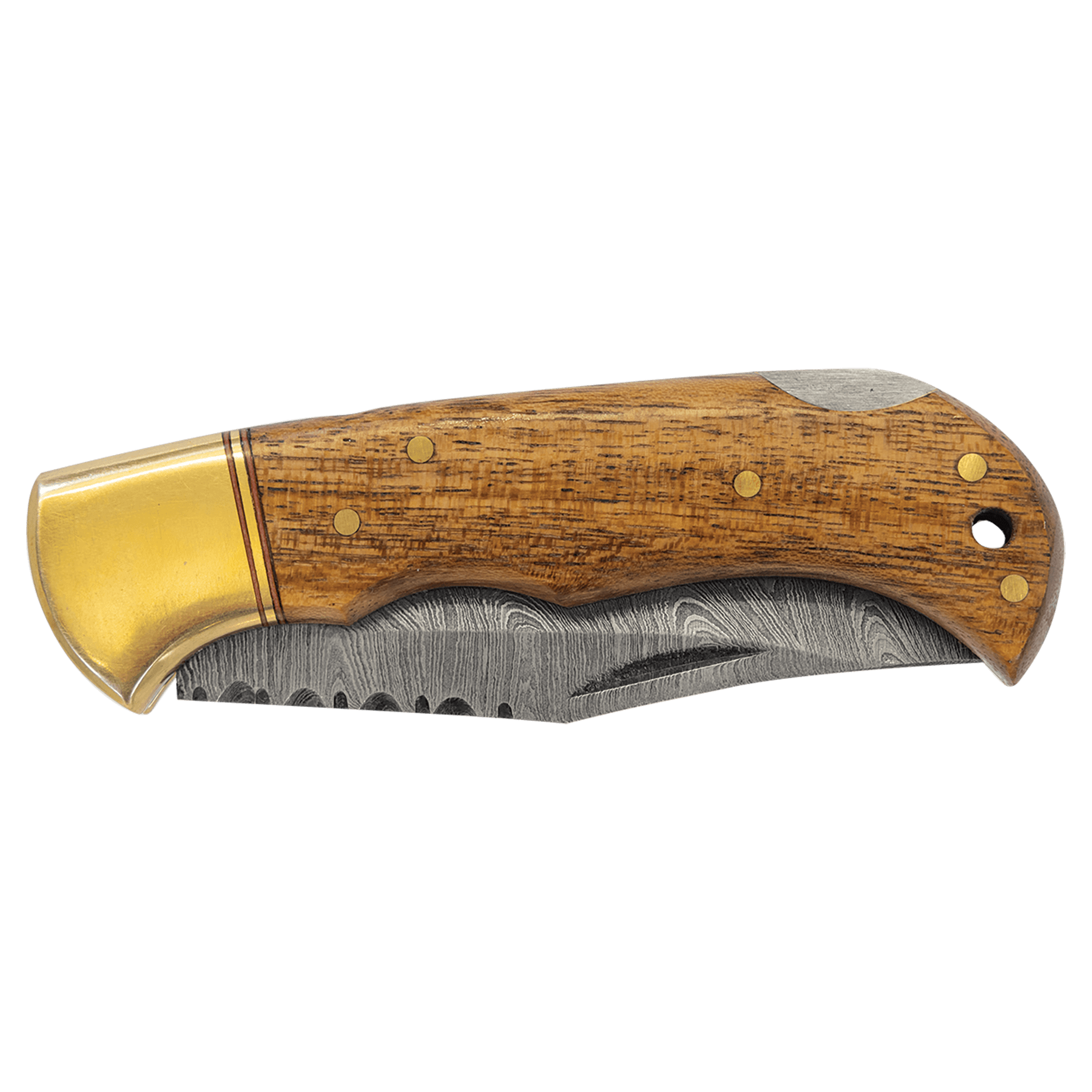Damascus steel knife with acacia wood handle and brass-colored guard