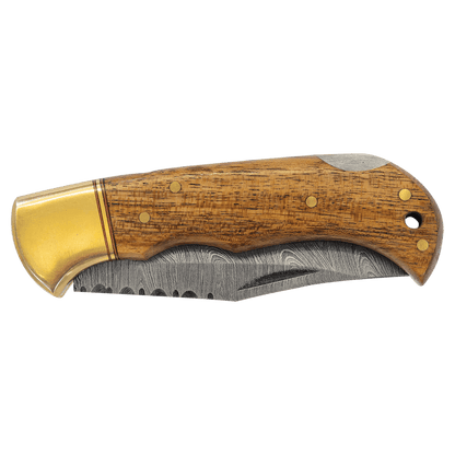 Damascus steel knife with acacia wood handle and brass-colored guard