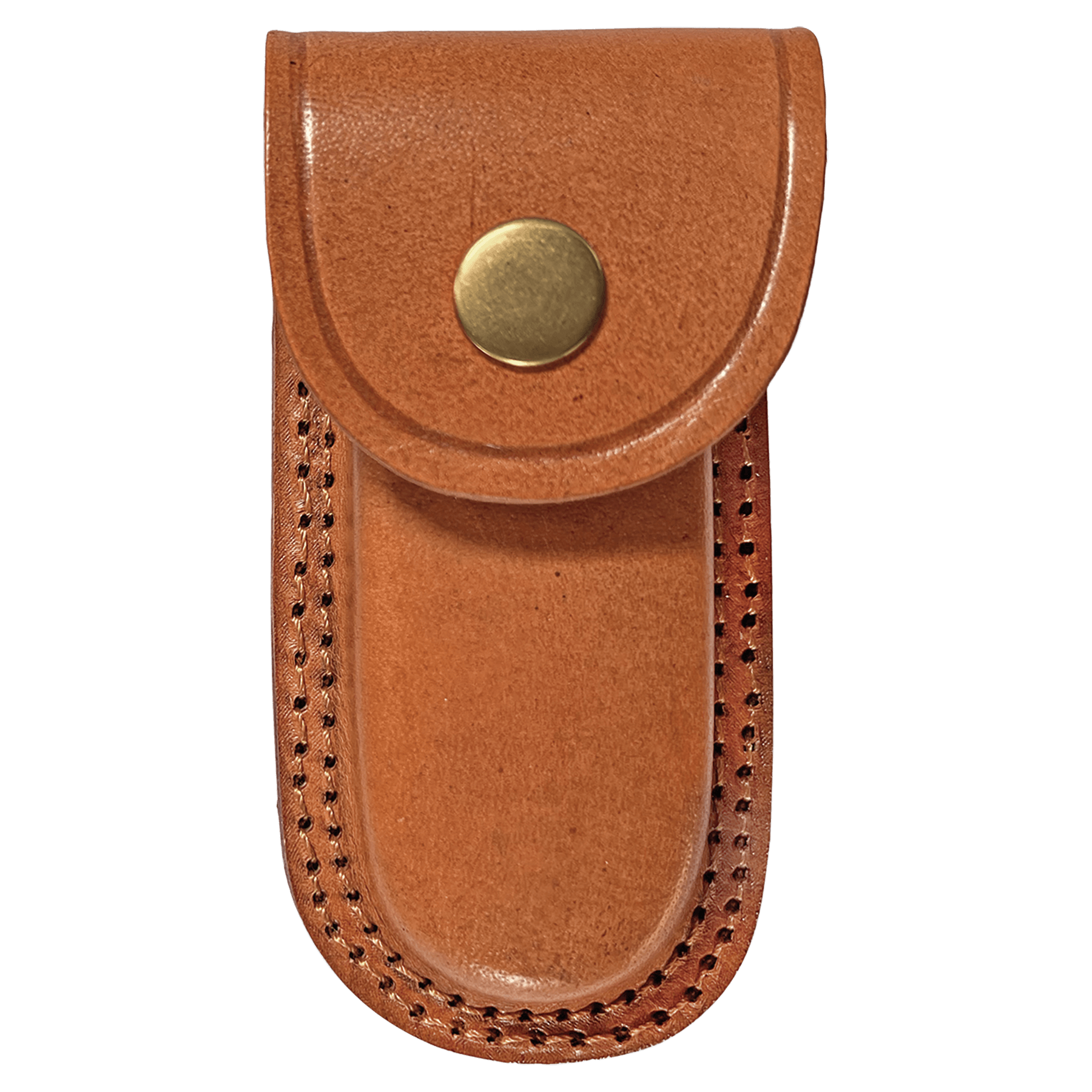 Brown leather knife sheath with brass snap button and stitched edge