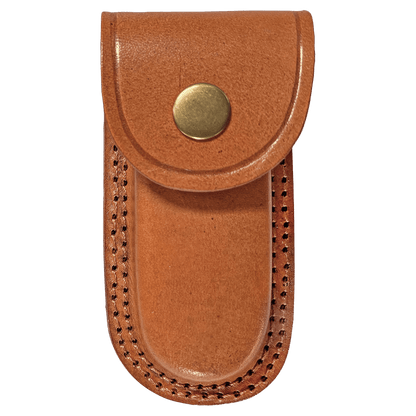 Brown leather knife sheath with brass snap button and stitched edge